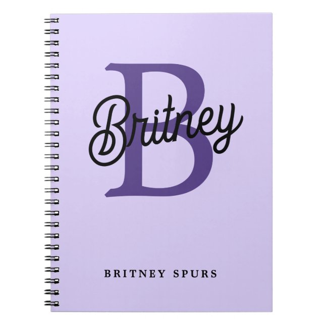 Modern Monogram Name Purple Black Script Office Notebook (Front)