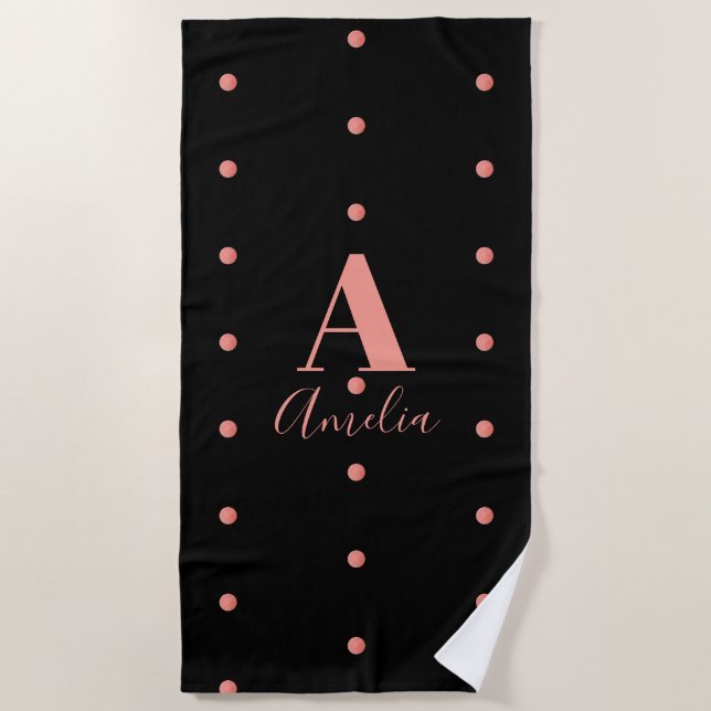 Modern Monogram Name Rose Gold Black Polka Dots Beach Towel (Front)