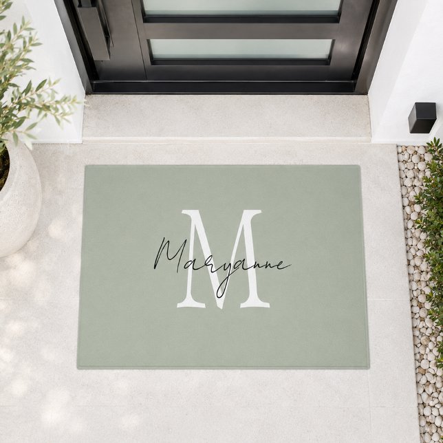 Modern Monogram Name Sage Green Doormat (Creator Uploaded)