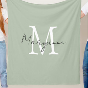 Modern Monogram Name Sage Green Fleece Blanket