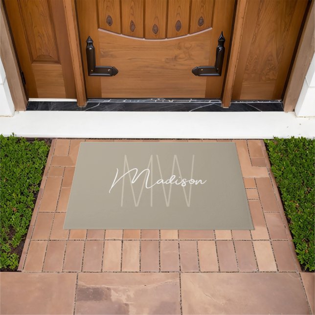 Modern Monogram Name Script Beige Doormat (Outdoor)