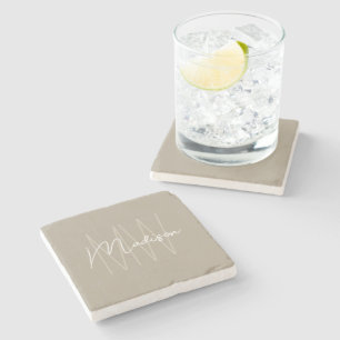 Modern Monogram Name Script Beige Stone Coaster
