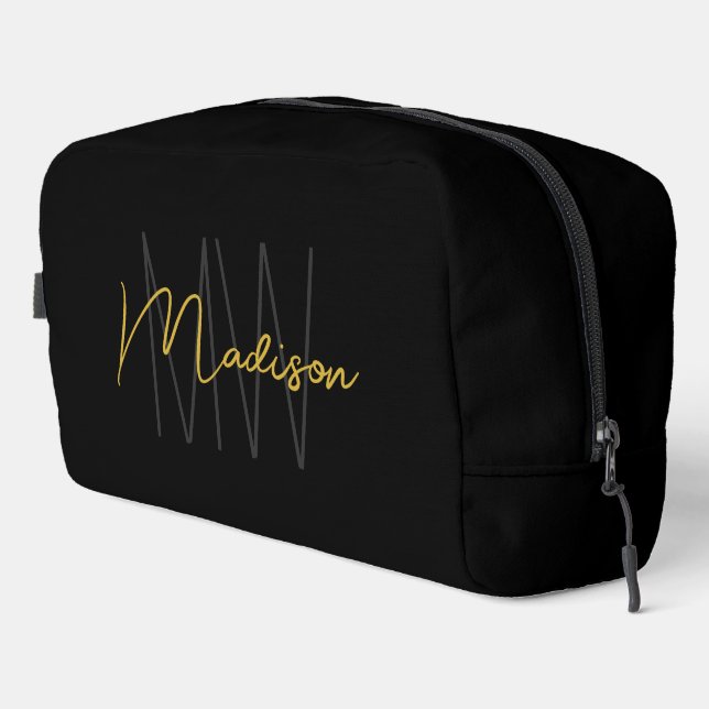 Modern Monogram Name Script Black Gold Dopp Kit (Right Corner)
