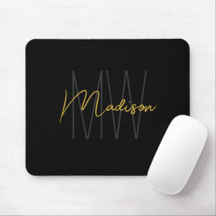 Modern Monogram Name Script Black Gold Mouse Mat
