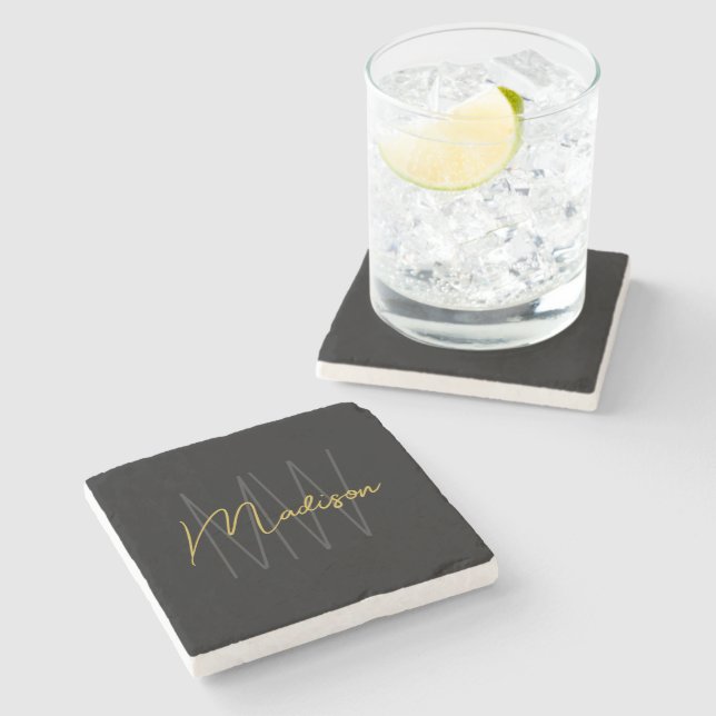 Modern Monogram Name Script Black Gold Stone Coaster (Side)