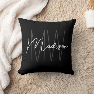 Modern Monogram Name Script Black White Cushion