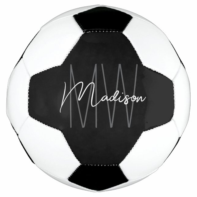 Modern Monogram Name Script Black White Football (Front)