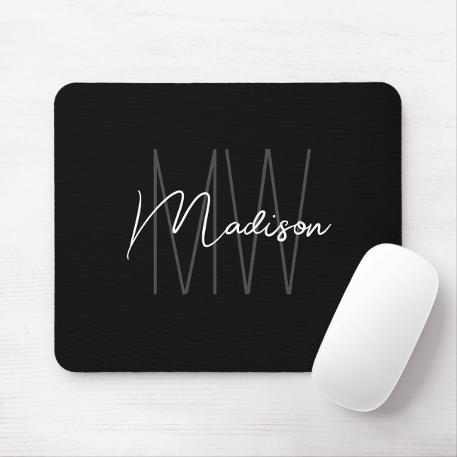 Modern Monogram Name Script Black White Mouse Mat (With Mouse)