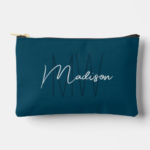 Modern Monogram Name Script Blue Accessory Pouch