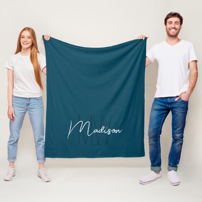 Modern Monogram Name Script Blue Fleece Blanket (In Situ)