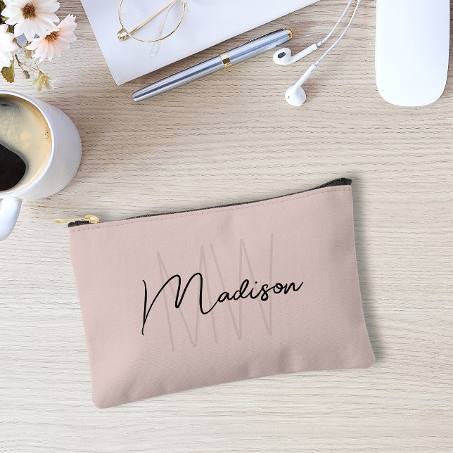 Modern Monogram Name Script Blush Pink Accessory Pouch (Modern Monogram Name Script Blush Pink Accessory Pouch)