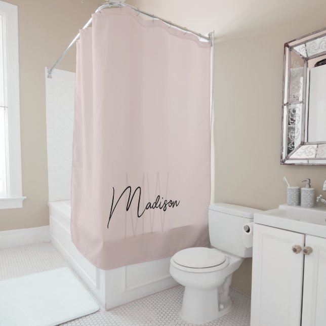 Modern Monogram Name Script Blush Pink Shower Curtain (In Situ)