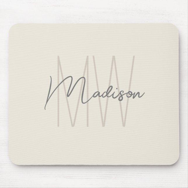 Modern Monogram Name Script Cream Mouse Mat (Front)