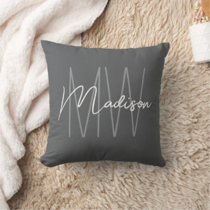 Modern Monogram Name Script Grey Cushion