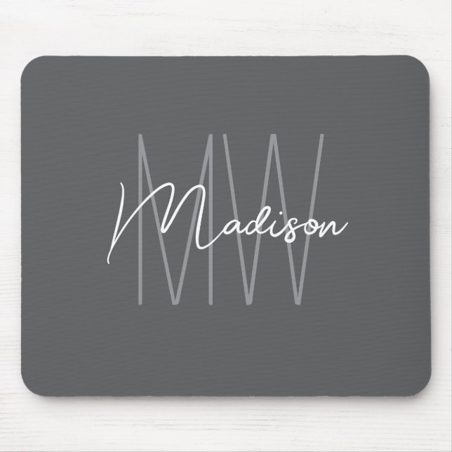 Modern Monogram Name Script Grey Mouse Mat (Front)
