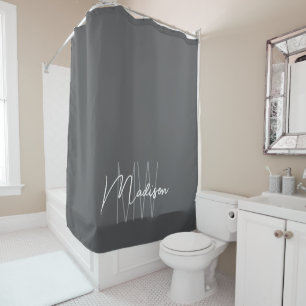 Modern Monogram Name Script Grey Shower Curtain