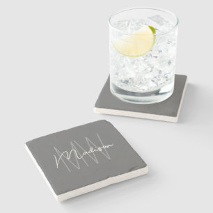 Modern Monogram Name Script Grey Stone Coaster