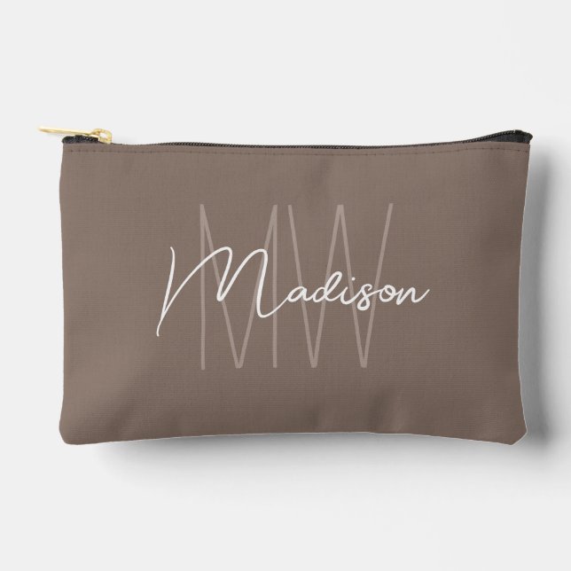 Modern Monogram Name Script Taupe Accessory Pouch (Front)