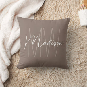 Modern Monogram Name Script Taupe Cushion