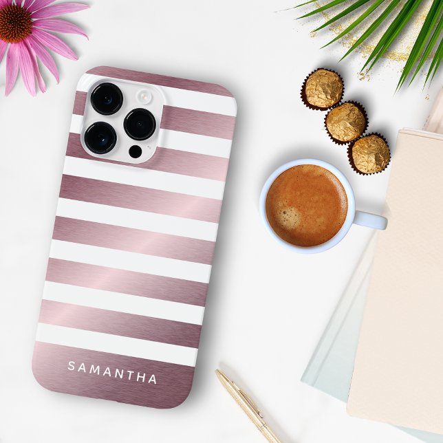 Modern Monogram Name Striped Rose Gold and White Case-Mate iPhone Case (Creator Uploaded)