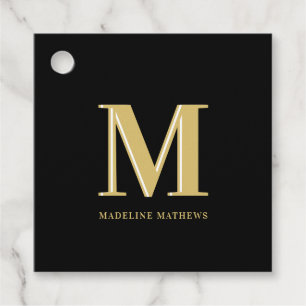 Modern monogram name typography gold black favour tags