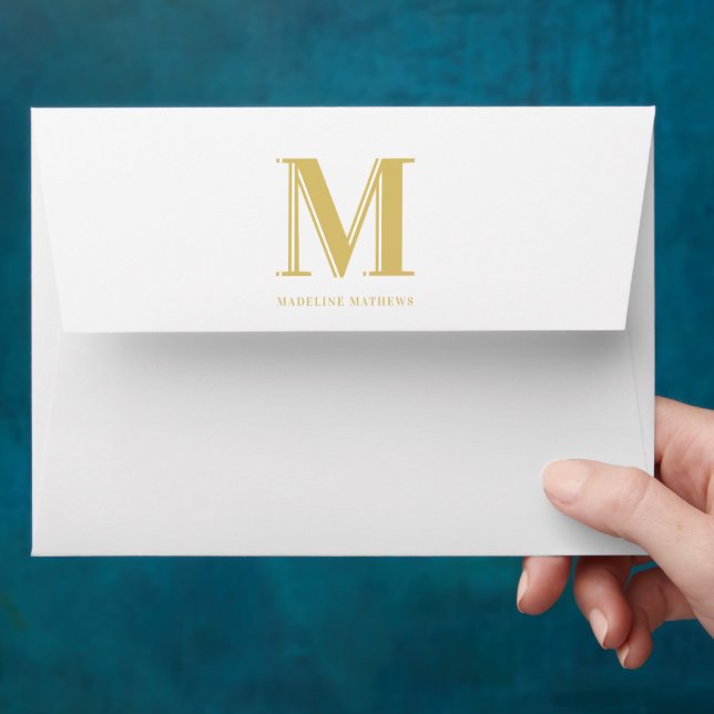 Modern monogram name typography gold white envelope (Hand)