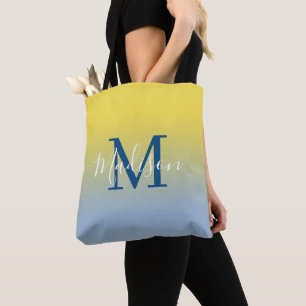 Modern Monogram Name Yellow to Light Blue Gradient Tote Bag