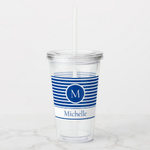 Modern Monogram Nautical Blue White Stripes Acrylic Tumbler