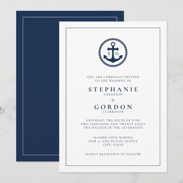 Modern Monogram Nautical Wedding Invitation (Front/Back)