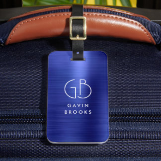 Modern Monogram Navy Blue Brushed Glam Metallic Luggage Tag