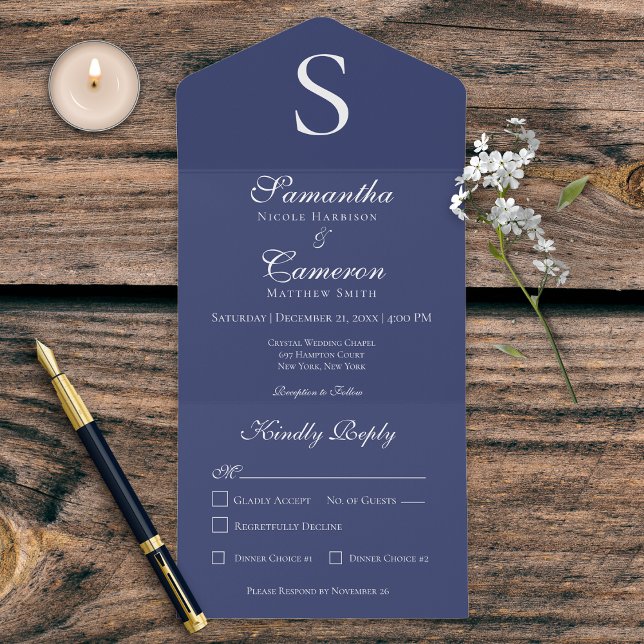 Modern Monogram Navy Blue Dinner All In One Invitation (Creator Uploaded)