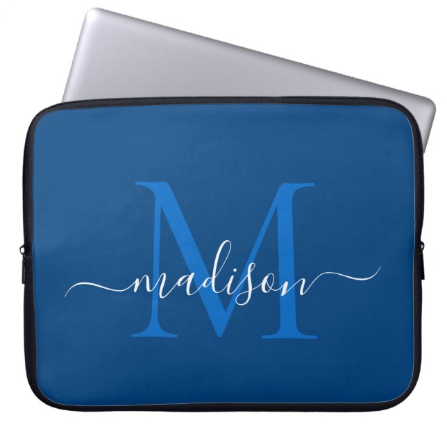 Modern Monogram Navy Blue Elegant Chic Script Name Laptop Sleeve (Front)