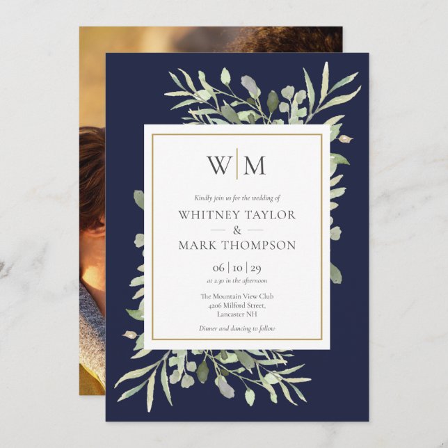 Modern Monogram Navy Blue Greenery Photo Wedding Invitation (Front/Back)