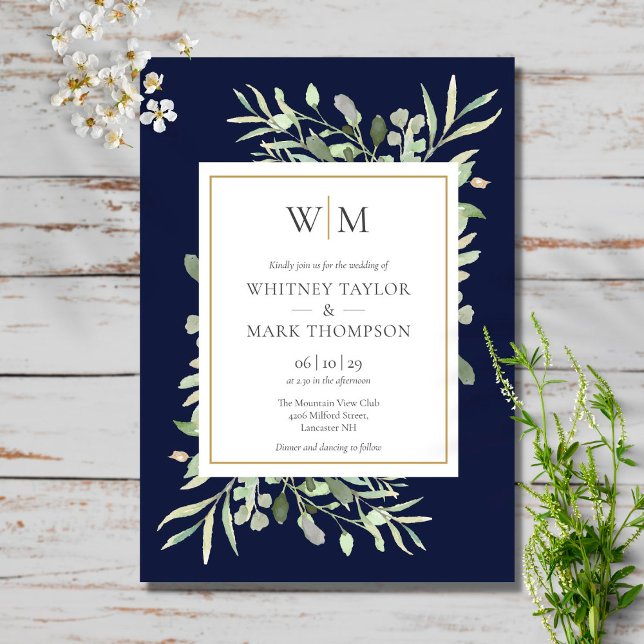 Modern Monogram Navy Blue Greenery Wedding Invitation (Creator Uploaded)