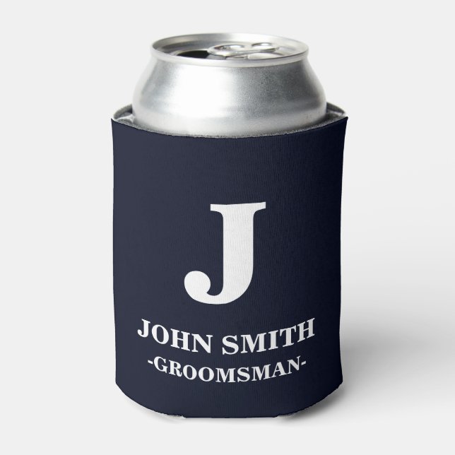 Modern Monogram Navy Blue Personalised Groomsman Can Cooler (Can Front)
