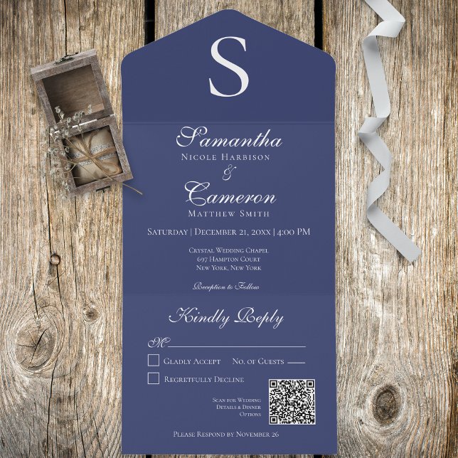 Modern Monogram Navy Blue QR Code All In One Invitation (Creator Uploaded)