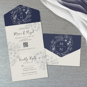 Modern Monogram Navy Blue Wedding All In One Invitation