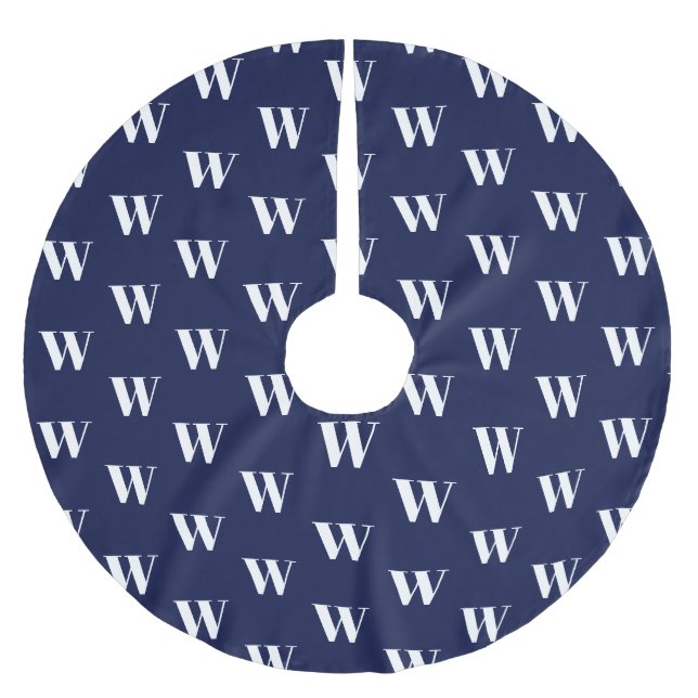 Modern monogram navy blue white custom initial brushed polyester tree skirt (Front)
