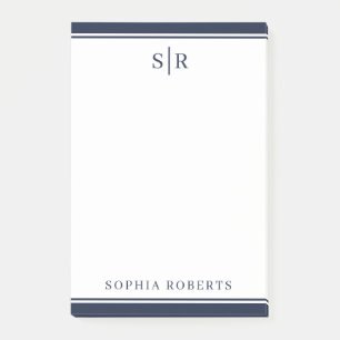 Modern Monogram Navy Blue White Custom Name Post-it Notes