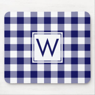 Modern Monogram Navy Blue & White Gingham Pattern Mouse Mat
