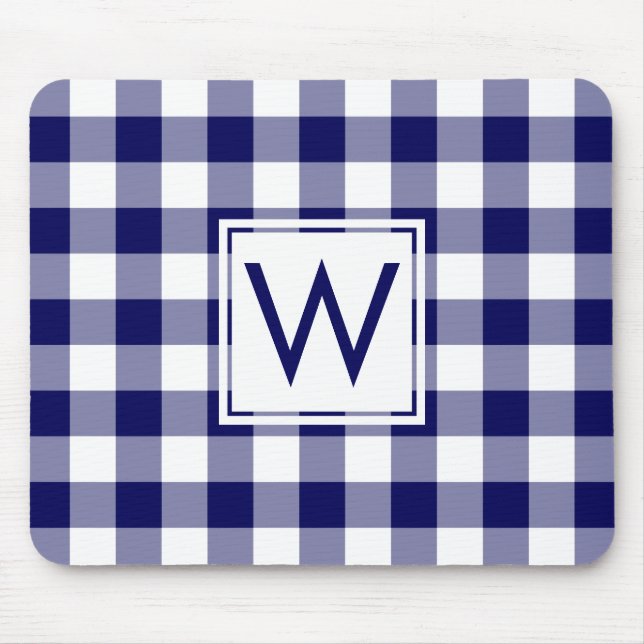 Modern Monogram Navy Blue & White Gingham Pattern Mouse Mat (Front)