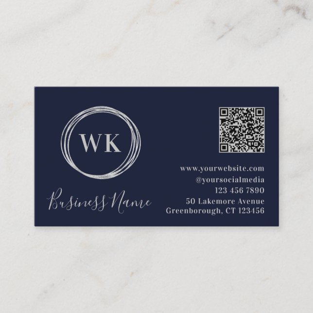 Modern Monogram Navy Silver QR Code Business Card (Front)