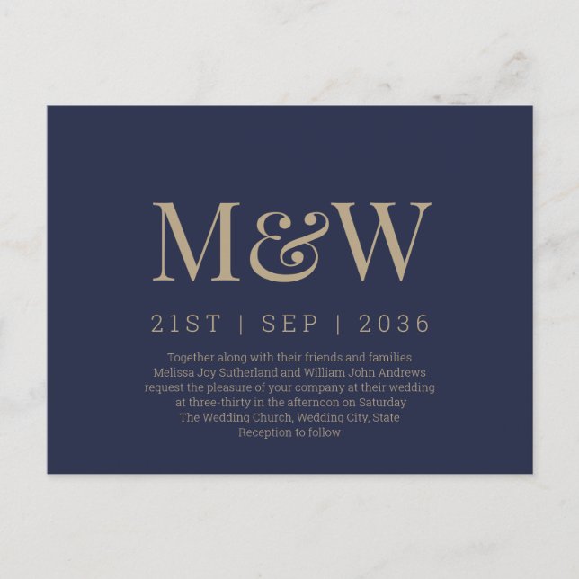 Modern Monogram Navy Wedding Invitation Postcard (Front)
