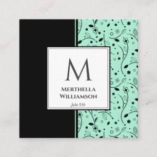 Modern MONOGRAM Neo Mint Black Floral Square Business Card