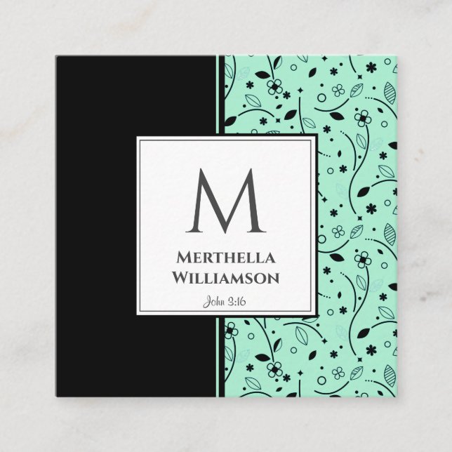 Modern MONOGRAM Neo Mint Black Floral Square Business Card (Front)