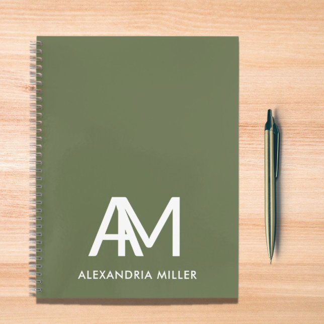 Modern Monogram Notebook with Name Olive Green (Creator Uploaded)
