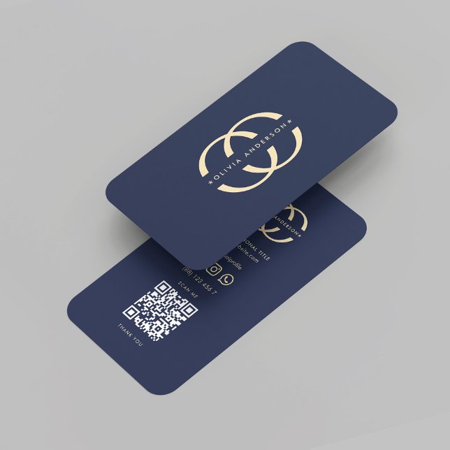 Modern Monogram O Logo Professional Dark Blue  Business Card (Modern Monogram O Logo Elegant name initial Professional Dark Blue gold QR code Business Card
)