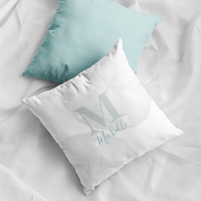 Modern Monogram Ocean Sand Dollar Turquoise Cushion (Coastal monogram pillow with sand dollar design and personalized name beach house decor accent.)