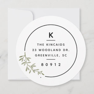 Modern monogram olive branch wreath new address invitation