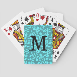 Modern Monogram on Aqua Leaves Playing Cards